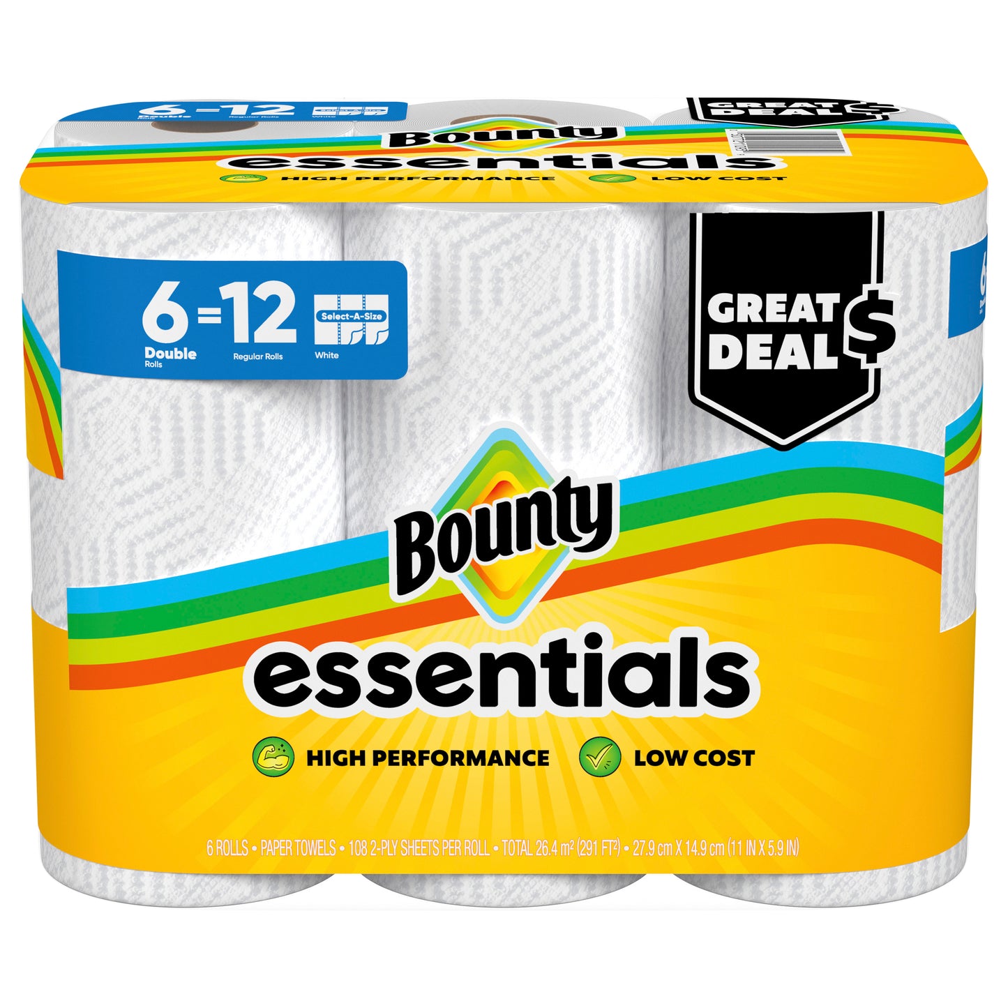 Bounty Paper Towels Essentials Select-A-Size, 6 Double Rolls, White, 108 Sheets Per Roll