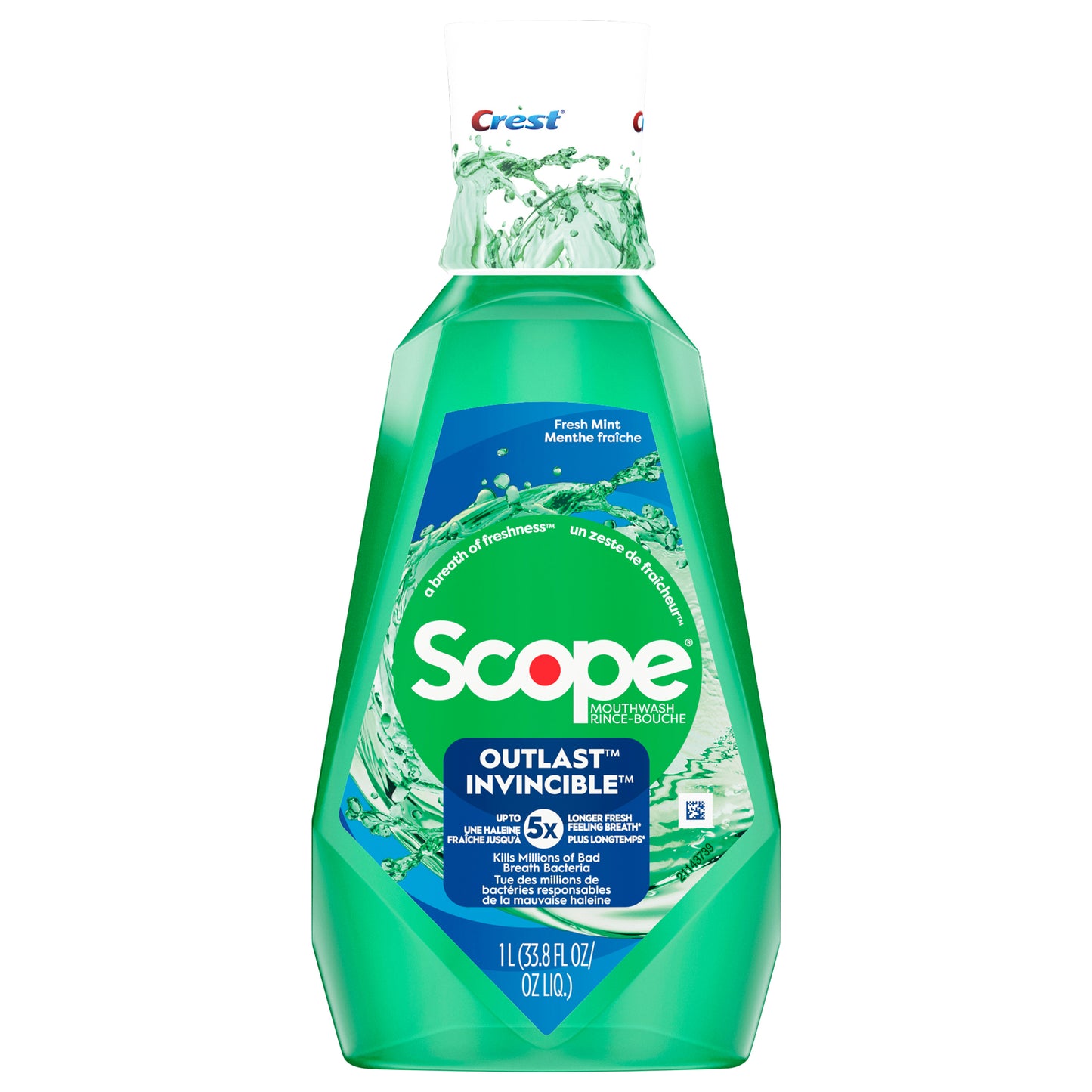 Crest Scope Outlast Mouthwash/Mouth Rinse, Long Lasting Freshness, Kills Millions of Bad Breath Germs, Fresh Mint - 1L (33.8 fl oz)