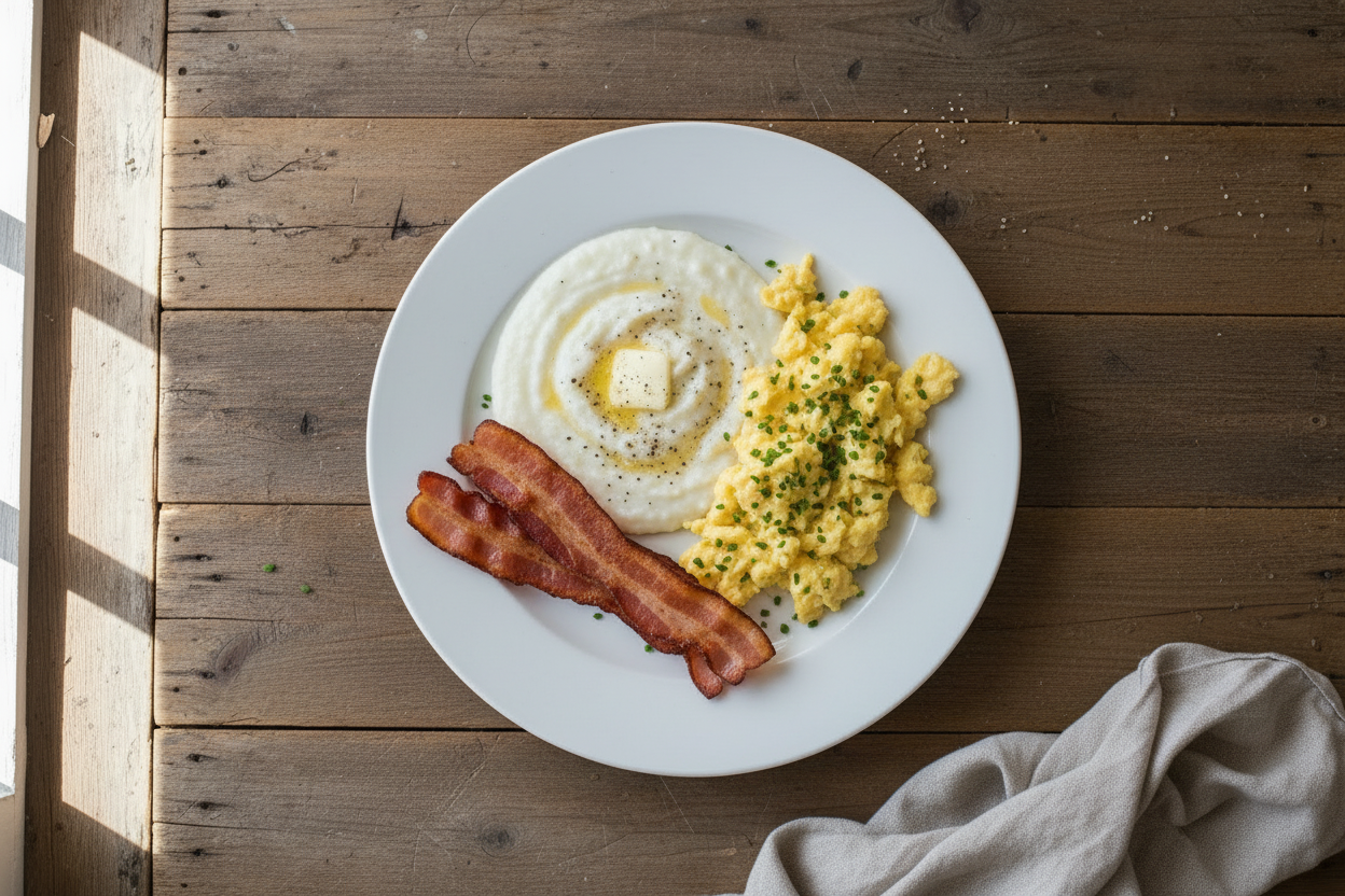 Breakfast on one plate - scrambled eggs, bacon and grits