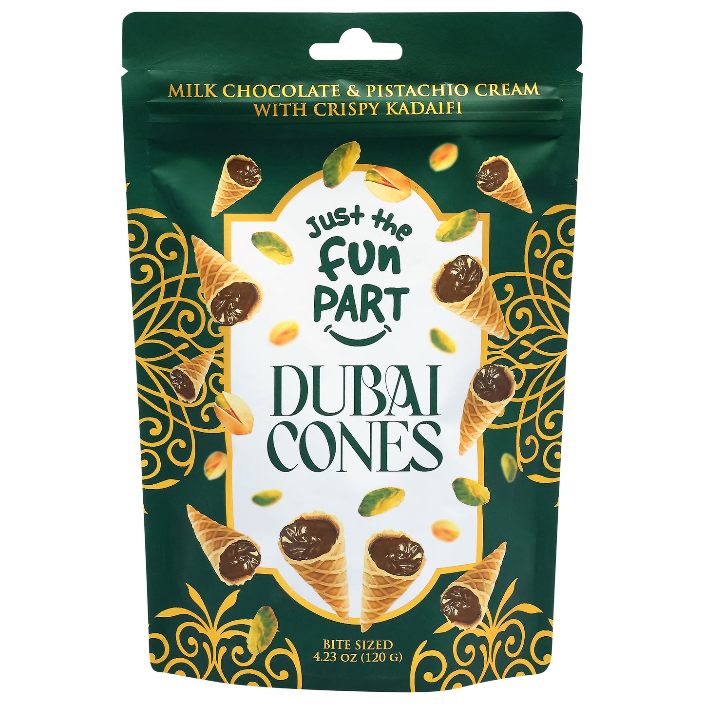 Just the Fun Part Milk Chocolate & Pistachio Cream with Crispy Kadaifi Bite Sized Dubai Cones 4.23 oz