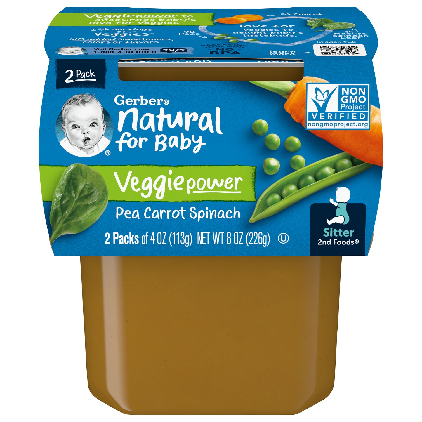 Gerber Natural for Baby Veggie Power Pea Carrot Spinach- 2- 4 Oz Tubs