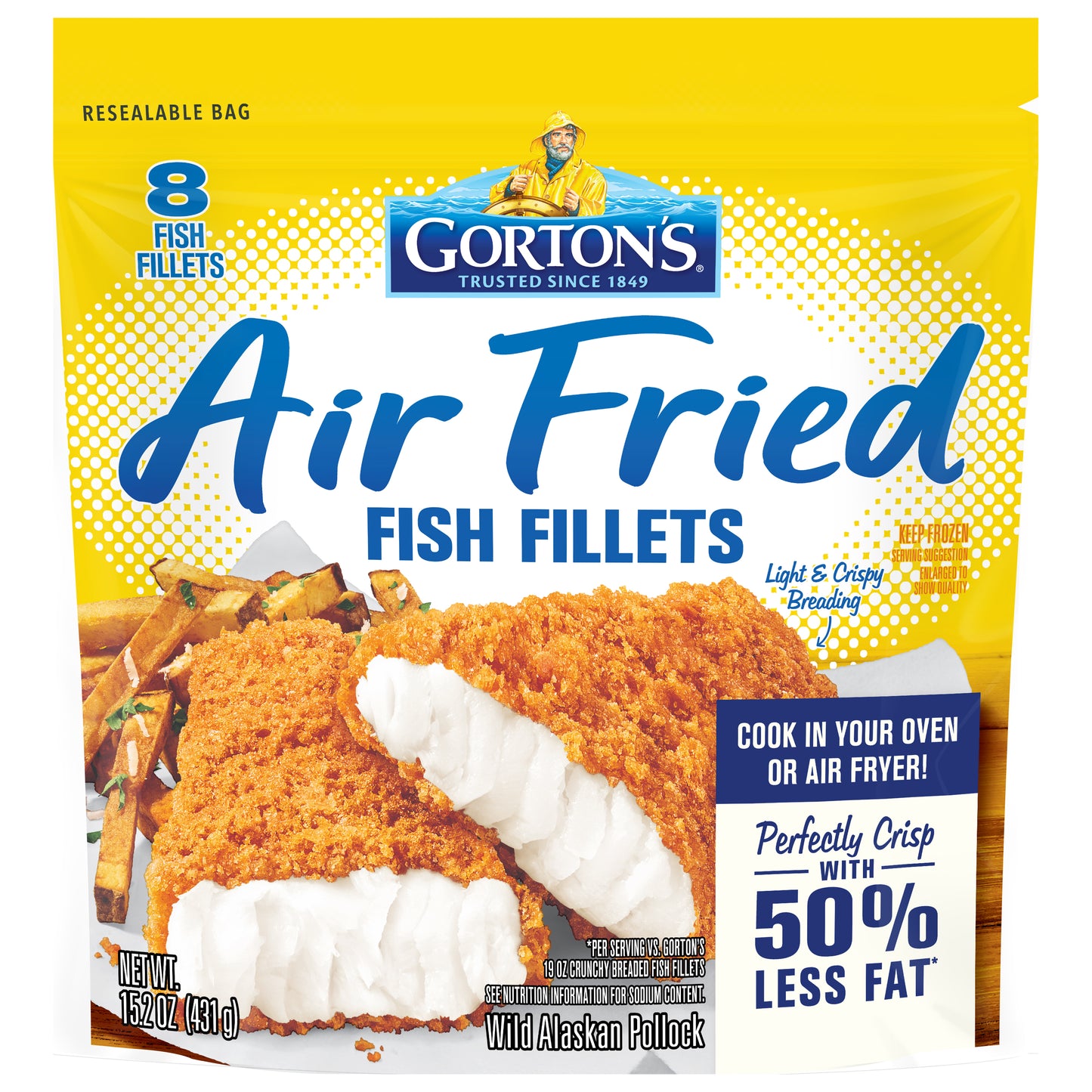 Gorton’s Air Fried Fish 100% Whole Fillets, Wild Caught Fish, Frozen, 8 Count, 15.2 Ounce Resealable Bag
