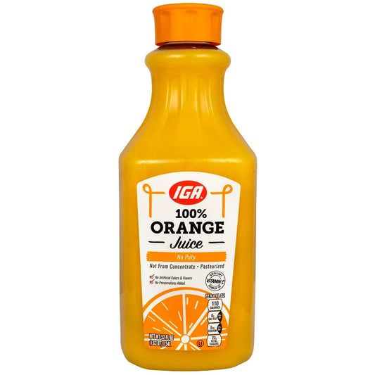 IGA JUICE ORANGE 100 PERCENT NFC REGULAR NO PULP CARAFE 52 OZ