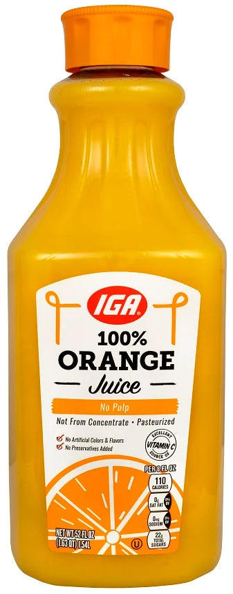 IGA JUICE ORANGE 100 PERCENT NFC REGULAR NO PULP CARAFE 52 OZ