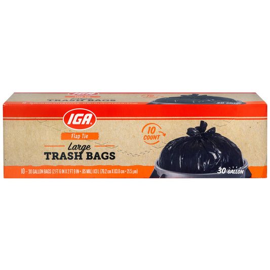 BAGS TRASH BLACK LARGE FLAP TIE 30 GAL 10 CT