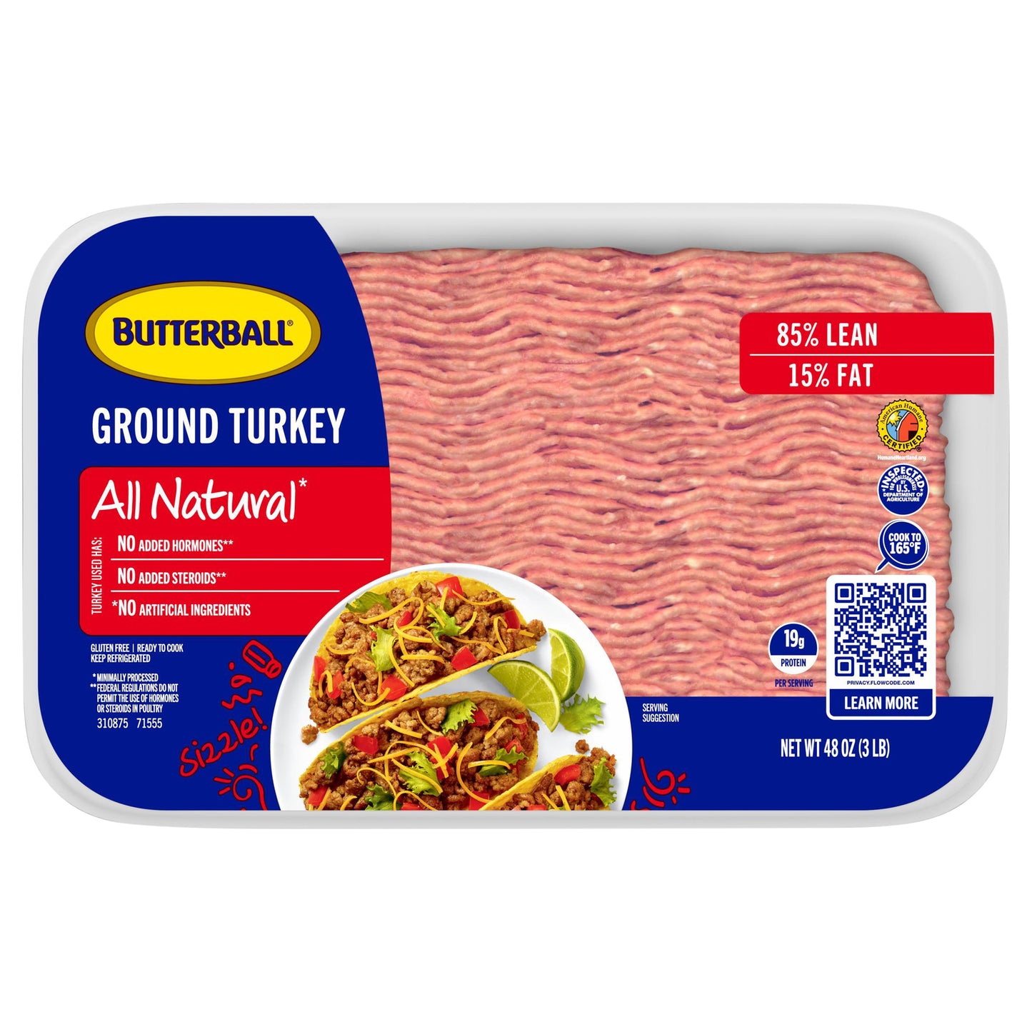 Butterball All Natural Fresh Ground Turkey, 85%/15%, 48oz, 1 Tray