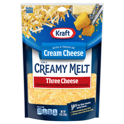 Kraft Three Cheese Shredded Cheese With A Touch Of Cream Cheese for A Creamy Melt, 8 oz Bag