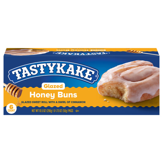 Tastykake Glazed Honey Buns, 6 Count, Individually Wrapped Pastry Snacks