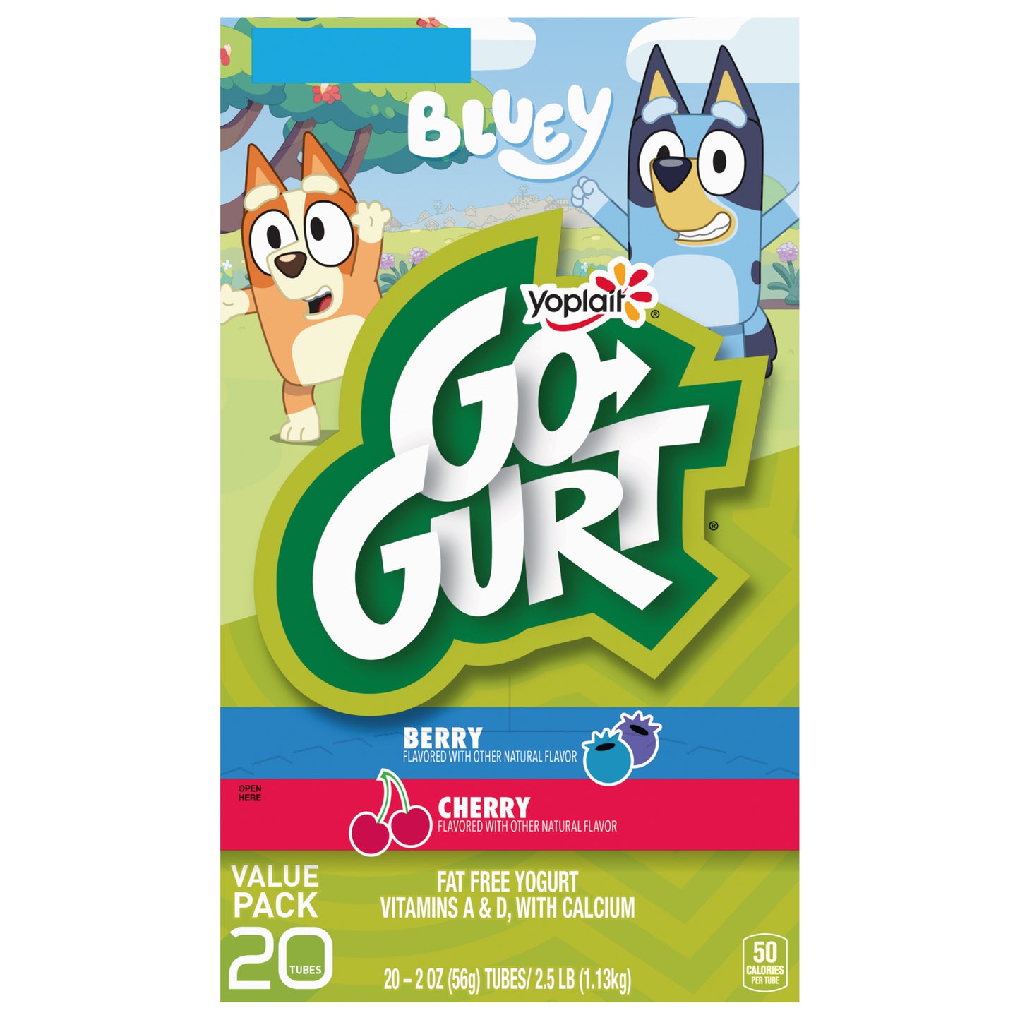 Yoplait Go-GURT Bluey Kids Fat Free Yogurt Variety Pack, Berry and Cherry, Gluten Free Snacks, Value Pack, 2.5 lbs (20 Tubes)