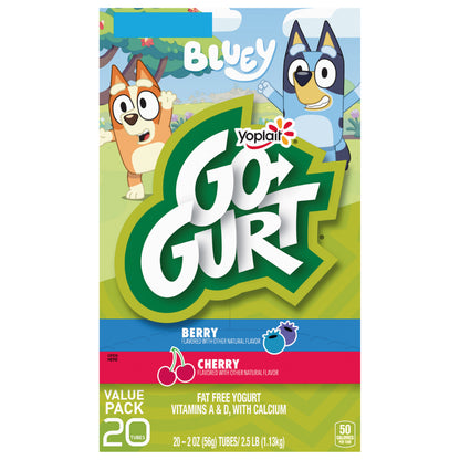 Yoplait Go-GURT Bluey Kids Fat Free Yogurt Variety Pack, Berry and Cherry, Gluten Free Snacks, Value Pack, 2.5 lbs (20 Tubes)