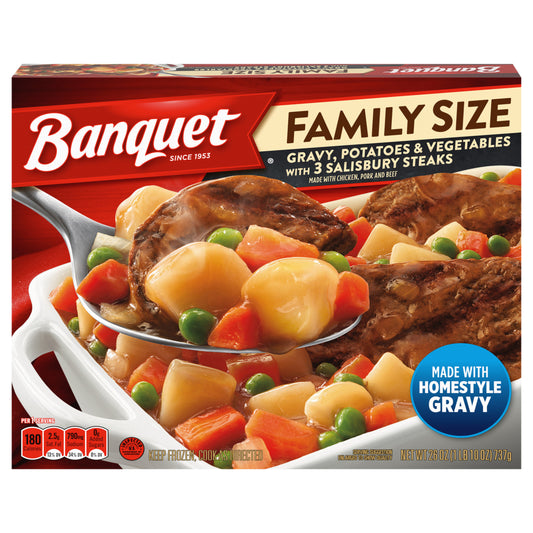 Banquet Family Size Salisbury Steak with Gravy, Potatoes and Vegetables, Frozen Meal, 26 oz.
