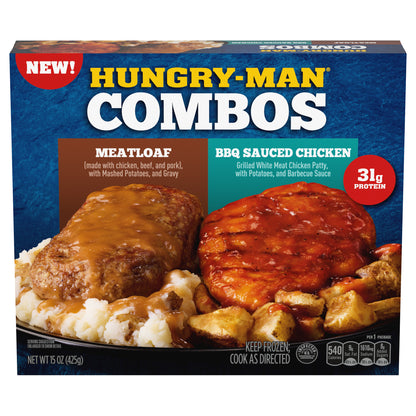 Hungry-Man Combos, Meatloaf and BBQ Sauced Chicken, Frozen Meal, 15 oz.