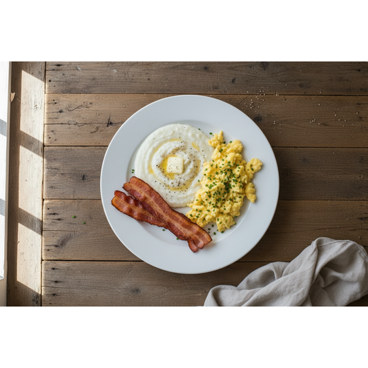 Breakfast on one plate - scrambled eggs, bacon and grits