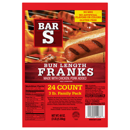Bar-S Bun Length Franks Hot Dogs, 24 Franks Per Package, 3 Pound Family Pack